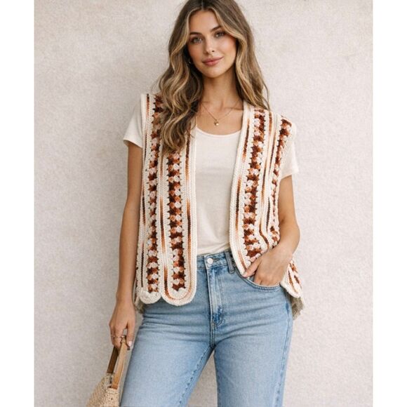 Handmade Jackets & Blazers - Crochet Sweater Vest Hippie Retro Grannycore Scallop Edge Oversized Handmade